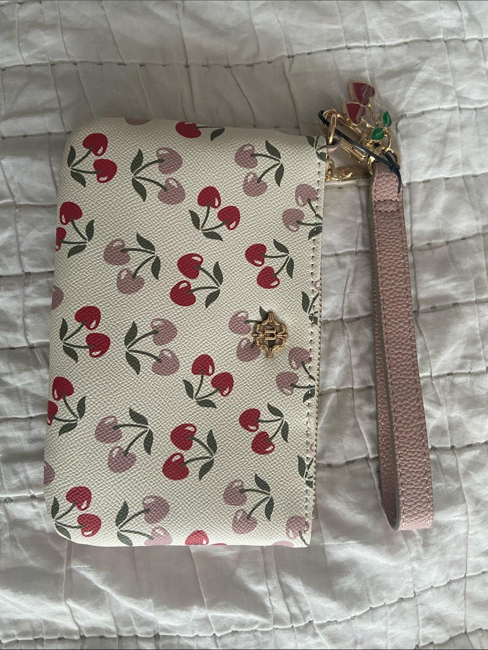 Nanette Lepore White Cherry Print Wristlet with Pink Strap